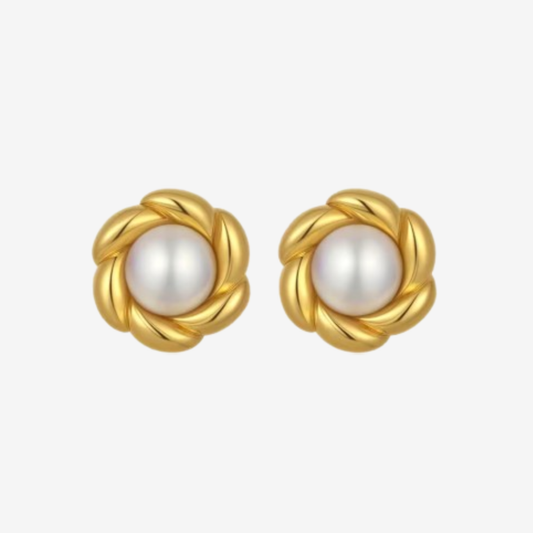 Pearl flower round earrings
